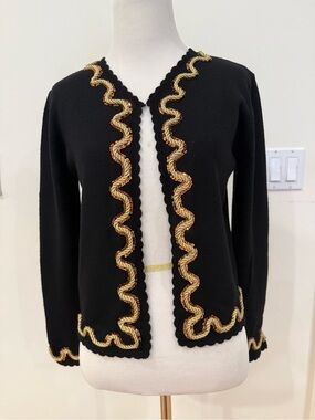 100% Merino Wool Sweater Cardigan in Black with Gold/Bronze Trim